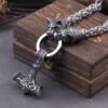 Stainless Steel Wolf Head with Handmade Chain Necklace thor's hammer mjolnir viking necklace  with wooden box as boyfriend gift