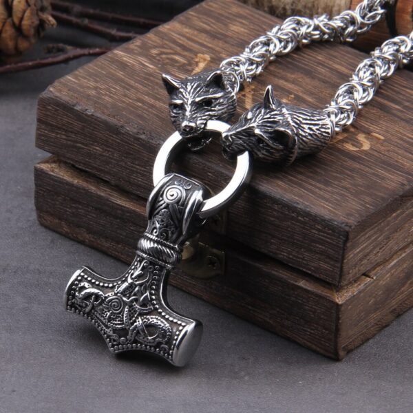 Stainless Steel Wolf Head with Handmade Chain Necklace thor's hammer mjolnir viking necklace  with wooden box as boyfriend gift
