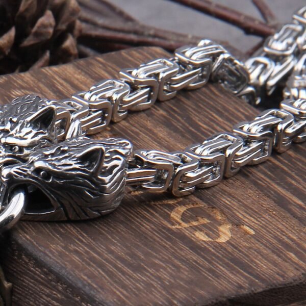 Stainless Steel Wolf Head with Square Chain Necklace thor's hammer mjolnir viking necklace  with wooden box as boyfriend gift