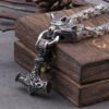 Stainless Steel Wolf Head with Square Chain Necklace thor's hammer mjolnir viking necklace  with wooden box as boyfriend gift