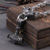 Stainless Steel Wolf Head with Square Chain Necklace thor's hammer mjolnir viking necklace  with wooden box as boyfriend gift