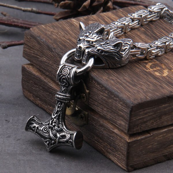 Stainless Steel Wolf Head with Square Chain Necklace thor's hammer mjolnir viking necklace  with wooden box as boyfriend gift