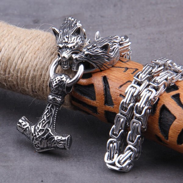 Stainless Steel Wolf Head with Square Chain Necklace thor's hammer mjolnir viking necklace  with wooden box as boyfriend gift