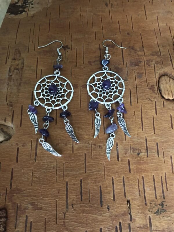 Sterling Silver Raw Amethyst Dream Catcher drop Earrings. Dream catcher dangle earrings