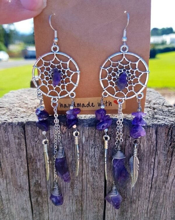 Sterling Silver Raw Amethyst Dream Catcher drop Earrings. Dream catcher dangle earrings