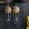 Sun Earrings with Blue Teardrop Crystals Crystal Earrings Celestial Jewelry Sunburst Gold Plated Statement Earrings