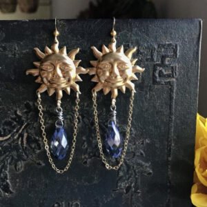 Sun Earrings with Blue Teardrop Crystals Crystal Earrings Celestial Jewelry Sunburst Gold Plated Statement Earrings