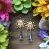 Sun Earrings with Blue Teardrop Crystals Crystal Earrings Celestial Jewelry Sunburst Gold Plated Statement Earrings