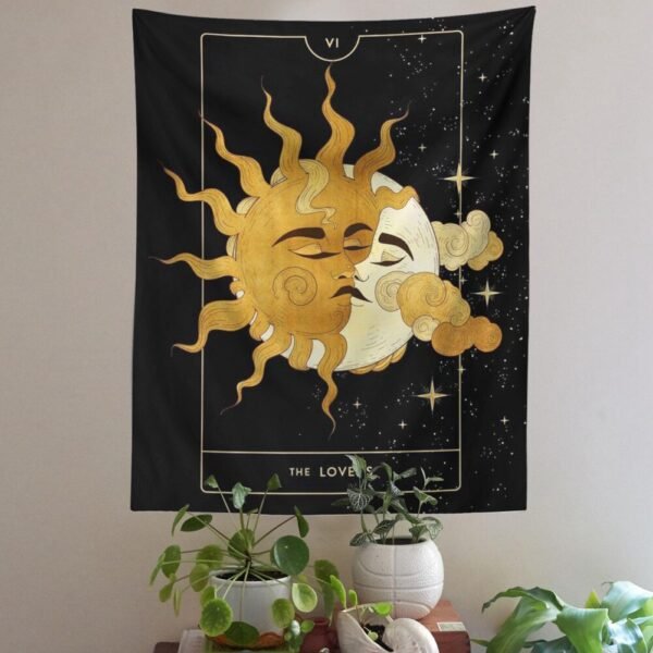 Sun Moon Tarot Tapestry Black Starry Sky Vintage Tapestry Wall Hanging Aesthetic Lovers Tapestries for Living Room Bedroom Decor