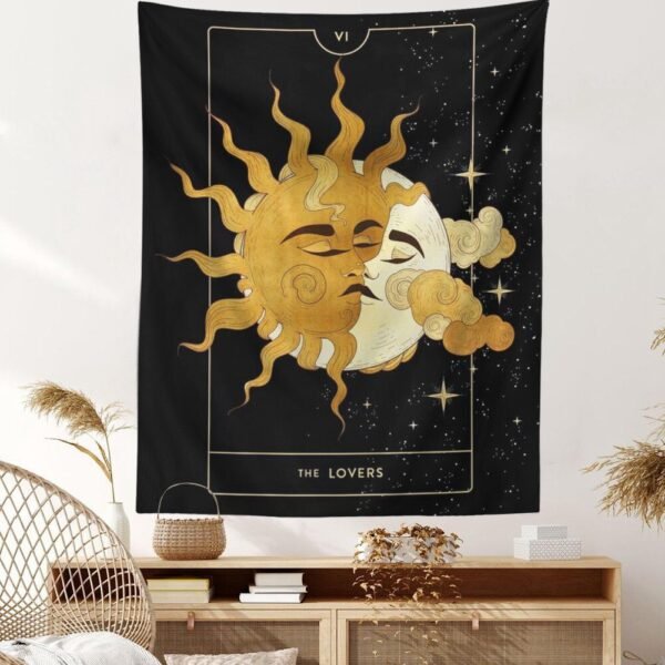 Sun Moon Tarot Tapestry Black Starry Sky Vintage Tapestry Wall Hanging Aesthetic Lovers Tapestries for Living Room Bedroom Decor