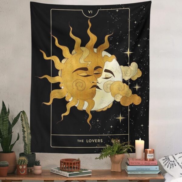 Sun Moon Tarot Tapestry Black Starry Sky Vintage Tapestry Wall Hanging Aesthetic Lovers Tapestries for Living Room Bedroom Decor
