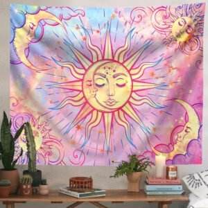 Sun and Moon Tapestry Wall Hanging Star Sky Tapestry Psychedelic Tapestry Mystic  Wall Decor