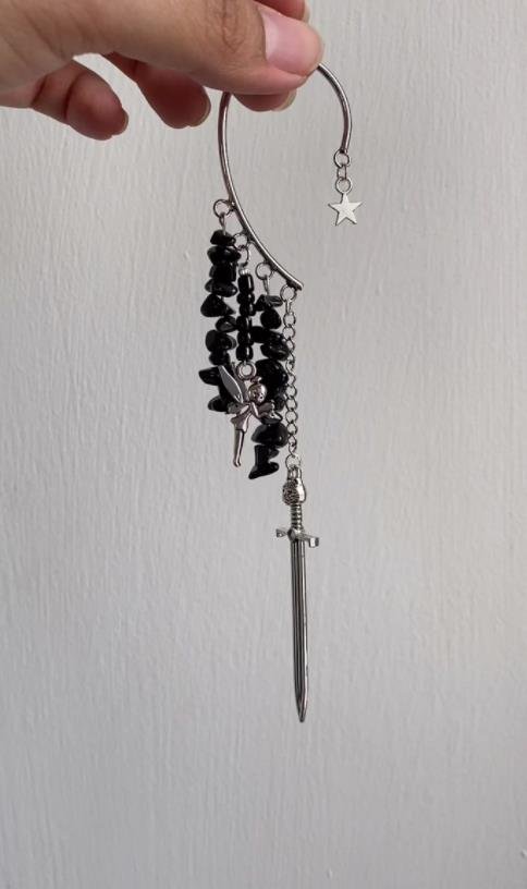 Sword Black Agate Crystal Ear Wrap Cuff, No Piercing Earring, Witchy Festival Wedding Mermaid Boho Gothic