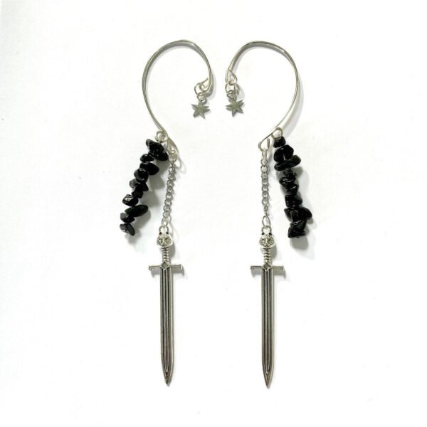 Sword Black Agate Crystal Ear Wrap Cuff, No Piercing Earring, Witchy Festival Wedding Mermaid Boho Gothic
