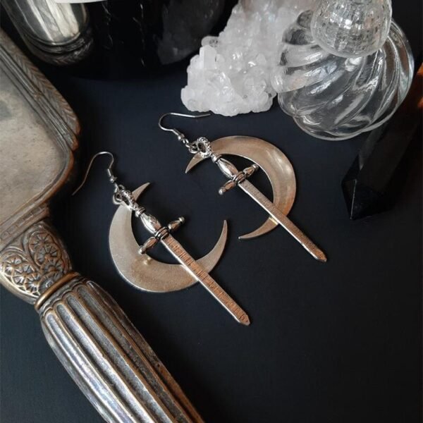 Swords Moon Earrings Witchy Warrior Pagan Viking Alternative Goth Celtic Gothic Medieval Creative Jewellery Punk Gift Women 2021