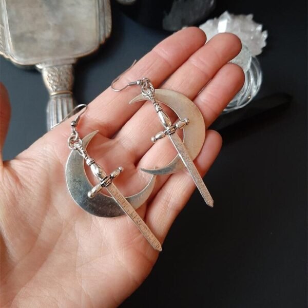 Swords Moon Earrings Witchy Warrior Pagan Viking Alternative Goth Celtic Gothic Medieval Creative Jewellery Punk Gift Women 2021