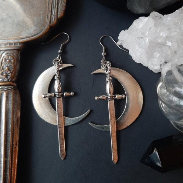 Swords Moon Earrings Witchy Warrior Pagan Viking Alternative Goth Celtic Gothic Medieval Creative Jewellery Punk Gift Women 2021