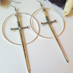 Swords metal hoop earrings Witchy warior pagan vikin alternative gothic medieval silver color Classic tarot CARDS gift women