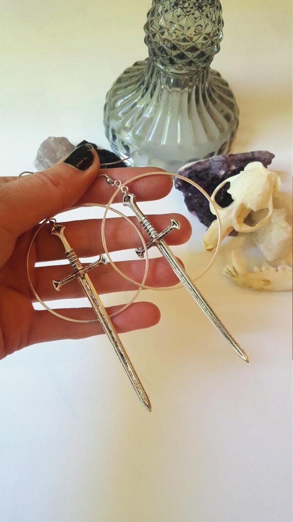 Swords metal hoop earrings Witchy warior pagan vikin alternative gothic medieval silver color Classic tarot CARDS gift women