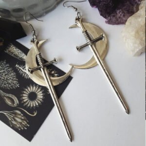 Swords moon earrings Witchy warrior pagan viking alternative gothic medieval