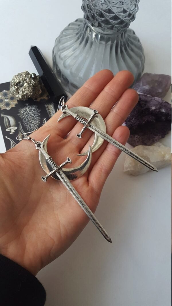 Swords moon earrings Witchy warrior pagan viking alternative gothic medieval