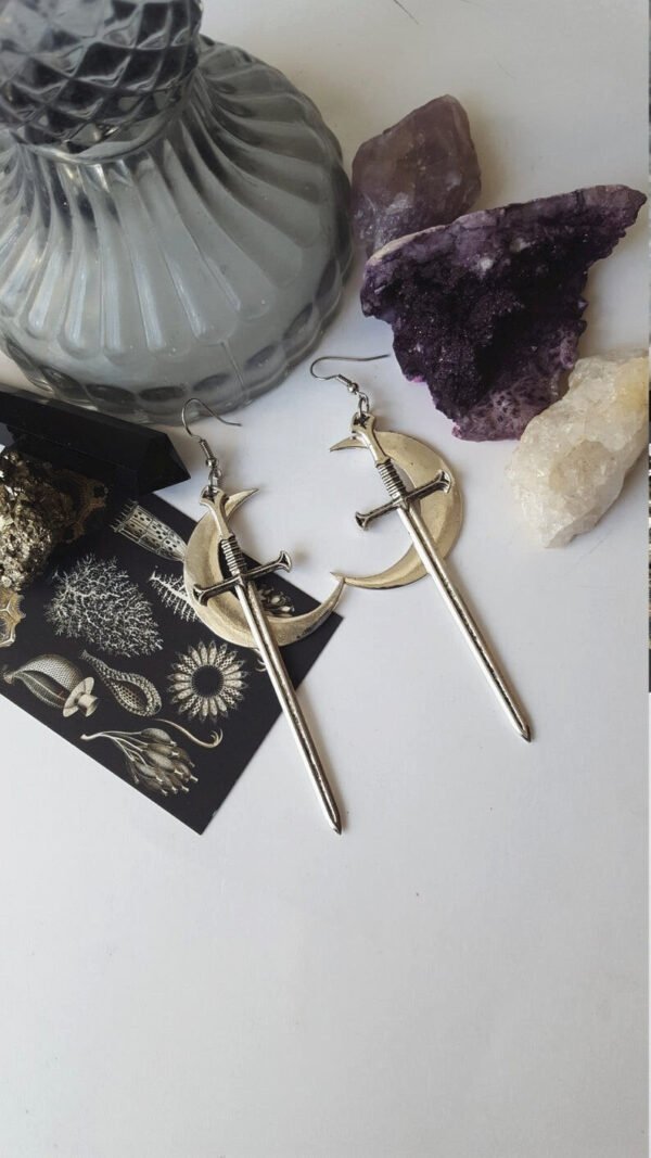 Swords moon earrings Witchy warrior pagan viking alternative gothic medieval