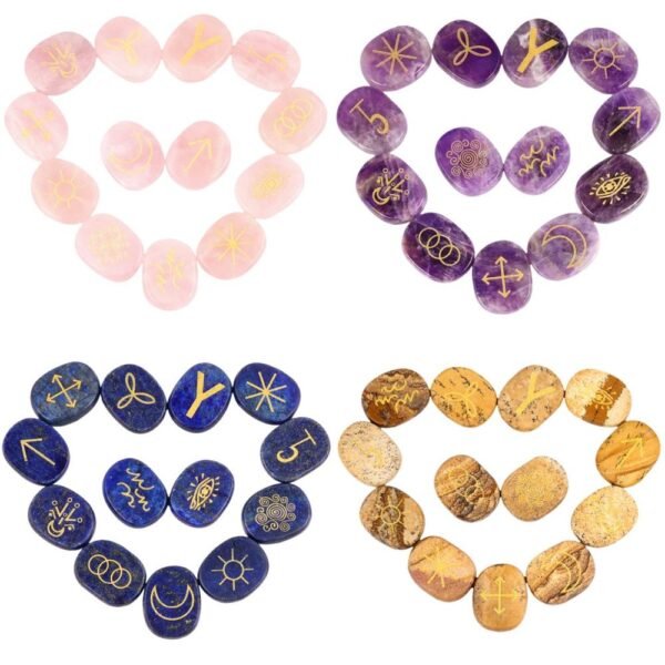Natural Witches Runes Stones Set Healing Crystal with Engraved Gypsy Reiki Symbols for Meditation Divination