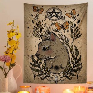 Tarot Cat Mysterious Divination  Tapestry Wall Hanging Vintage Witchcraft Butterfly flowers  Occult Home Wall Decor Cat Coven  Wall Decor