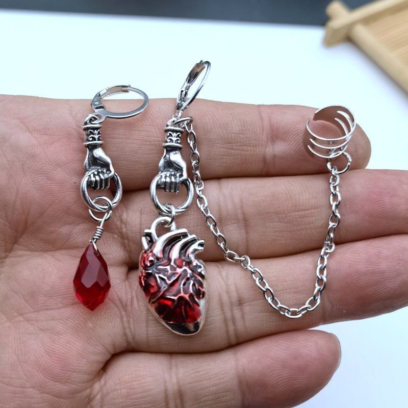 The Beating Heart Asymmetrical Cuff Earrings Chain Ear Cuff Clip Jewelry Gift,Witchy Gothic Vampire Spooky Boho