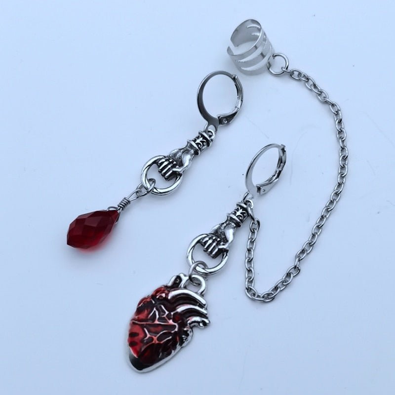 The Beating Heart Asymmetrical Cuff Earrings Chain Ear Cuff Clip Jewelry Gift,Witchy Gothic Vampire Spooky Boho - view 3