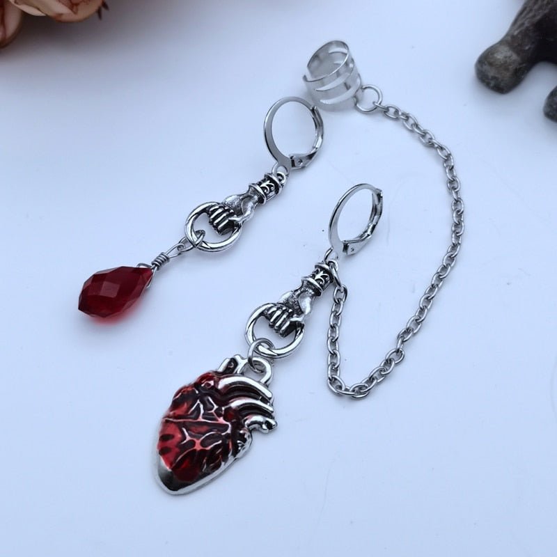 The Beating Heart Asymmetrical Cuff Earrings Chain Ear Cuff Clip Jewelry Gift,Witchy Gothic Vampire Spooky Boho - view 2
