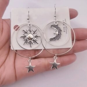 The-Sun-Moon-Star-Earrings-Tibetan-Silver-Drop-Earrings-Sun-Moon-Star-Hoop-EarringsBoho-Pagan-Gift The Sun Moon Star Earrings Tibetan Silver Drop Earrings Sun Moon Star Hoop Earringsboho Pagan Gift Celestial Earrings - Dangle Earrings