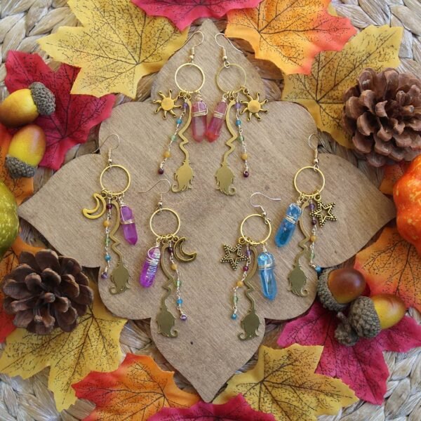 The Sun Moon and Stars Sunburst Quartz Crystal Witchy Earrings Moon Celestial Earrings