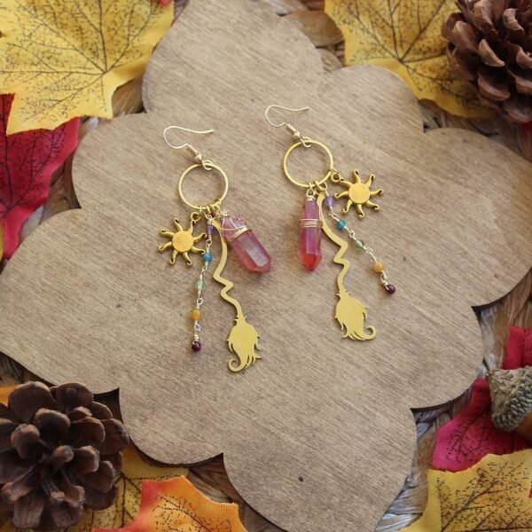The Sun Moon and Stars Sunburst Quartz Crystal Witchy Earrings Moon Celestial Earrings