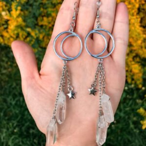 Triple Crescent Moon Natual Crystal Stone Dangle Earrings Gothic Occulet Witch Jewery