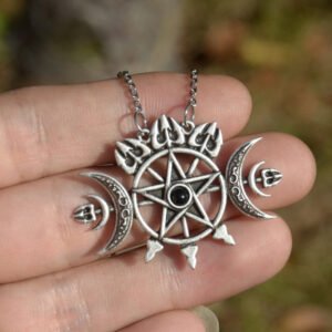 Triple Crescent Moon With Pentagram Necklace Seal Sigil of Spirit Pagan Jewelry Wiccan Gothic Necklace