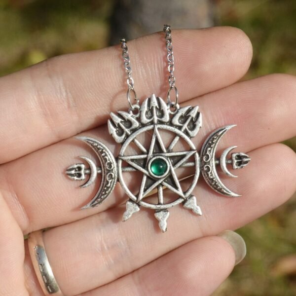 Triple Crescent Moon With Pentagram Necklace Seal Sigil of Spirit Pagan Jewelry Wiccan Gothic Necklace