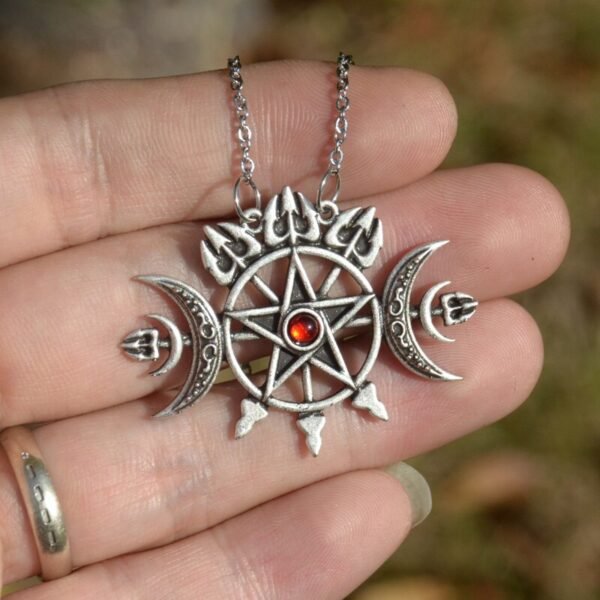 Triple Crescent Moon With Pentagram Necklace Seal Sigil of Spirit Pagan Jewelry Wiccan Gothic Necklace