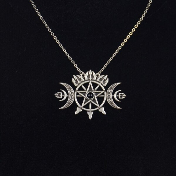Triple Crescent Moon With Pentagram Necklace Seal Sigil of Spirit Pagan Jewelry Wiccan Gothic Necklace