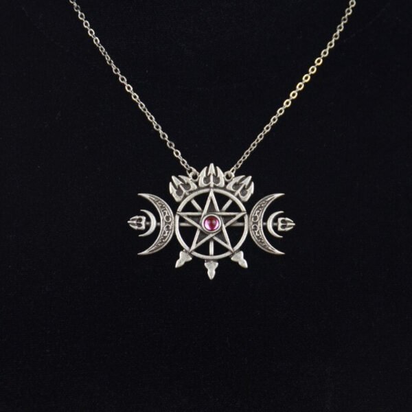 Triple Crescent Moon With Pentagram Necklace Seal Sigil of Spirit Pagan Jewelry Wiccan Gothic Necklace