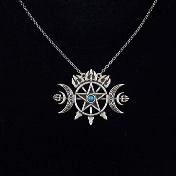 Triple Crescent Moon With Pentagram Necklace Seal Sigil of Spirit Pagan Jewelry Wiccan Gothic Necklace