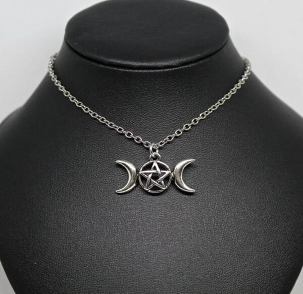 Triple Moon Pentacle Pendant Necklace Goddess Pagan Witch Jewelry