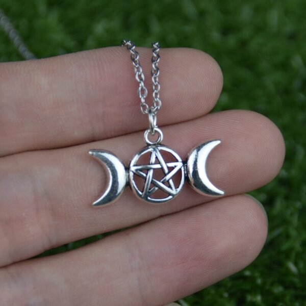 Triple Moon Pentacle Pendant Necklace Goddess Pagan Witch Jewelry