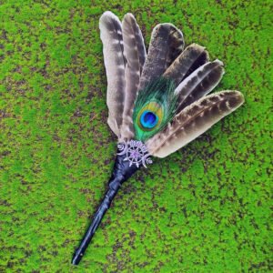 Triple Moon Witch Smudging Ceremony Feather Wand Magic feather Fan Witch Magic Wand Shaman Sacrifice Altar Accessory