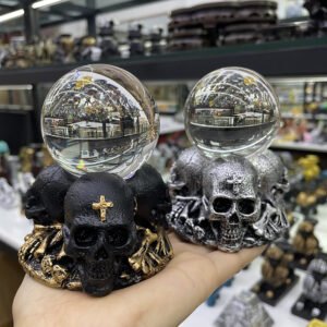 Triple-Skull-Cross-Stand-for-Crystal-Ball-Base-Environmental-Resin-Holder-Figurines-Display-Statue-Ornament-for Triple-Skull Cross Stand for Crystal Ball Base Environmental Resin Holder Figurines Display Statue Ornament for 5-10cm Sphere