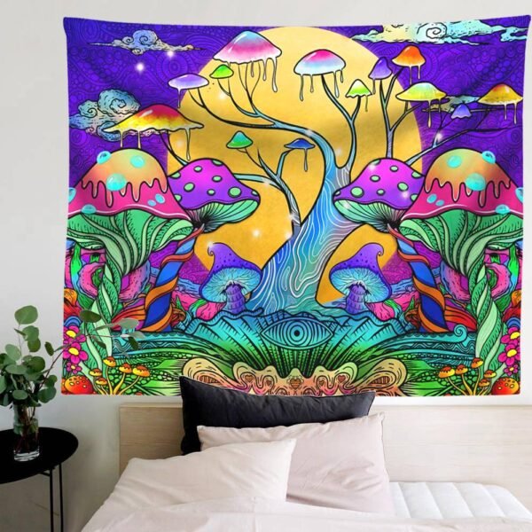 Trippy Mushroom Tapestry Moon Hippie Art Colorful Abstract Tapestries Art Wall Hanging for Living Room Bedroom Home Dorm Decor