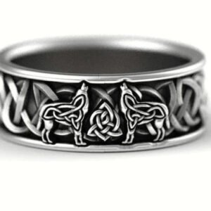 VIKINGGERI_FREKIWOLVESCELTICKNOTRING Viking Geri & Freki Wolves Celtic Knot Ring