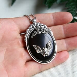 Vampire-Bat-Necklace-Witch-Necklace-Halloween-Rock-Gothic-Victorian-Silver-Plated-Framed-Bat-Cameo-Necklace-gift Vampire Bat Necklace, Witch Necklace,Halloween Rock,Gothic Victorian Silver Plated Framed Bat Cameo Necklace,gift for Bat Lover