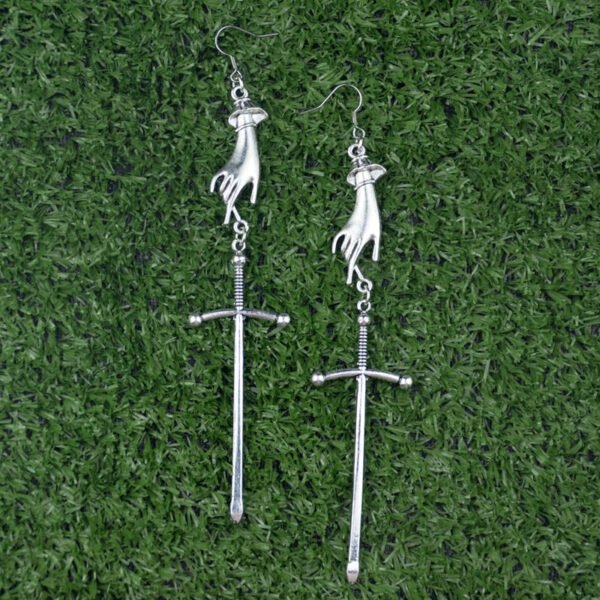 Victoria Silver Sword Hand Earrings Gothic Mysterious Vintage Jewelry