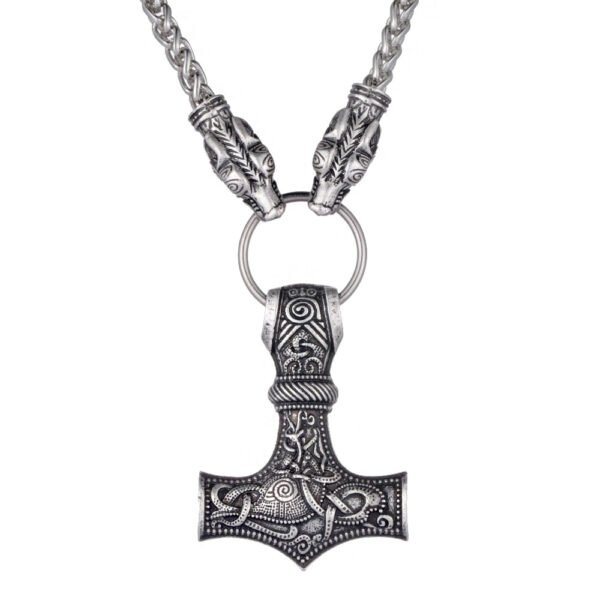Viking Necklace Walf Head Thor's Hammer Mjolnir Amulet Necklace Men's Jewelry